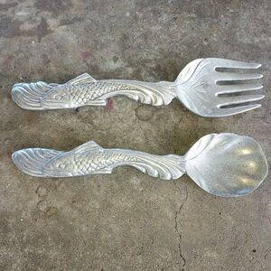 Vintage Pewter Salad Fork and Spoon Fish Handles